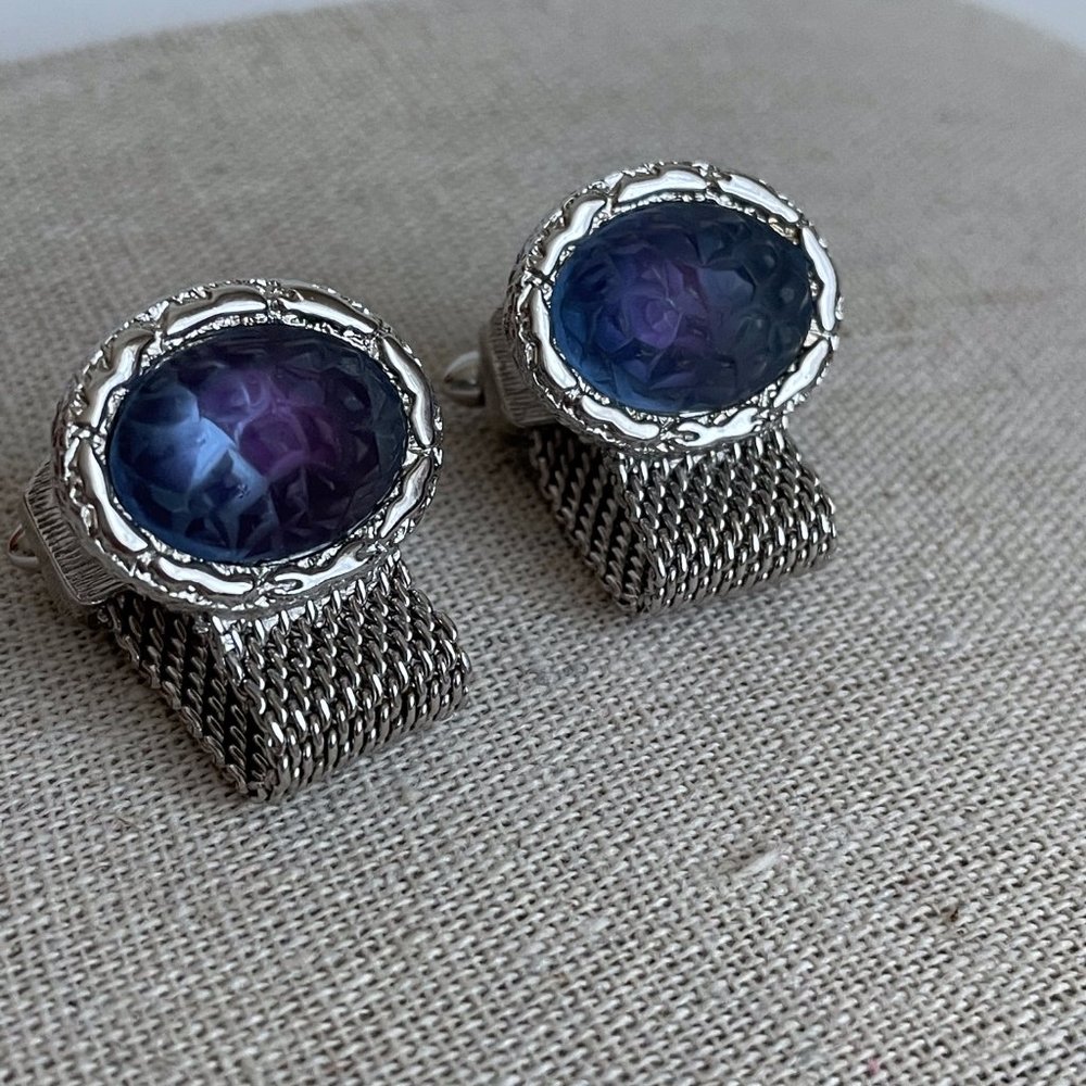 Vintage Art Frosted Glass Oval Silver Tone Mesh Wrap Cuff Links Pair